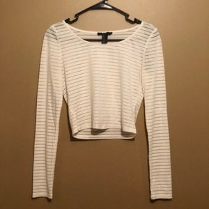 White Stripped Mesh Long Sleeve Crop Top